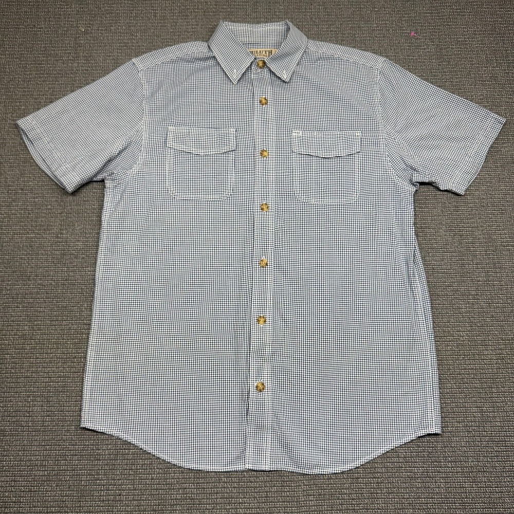 Duluth Trading Co Mens Blue White Gingham Organic Cotton SS Shirt Medium Relaxed